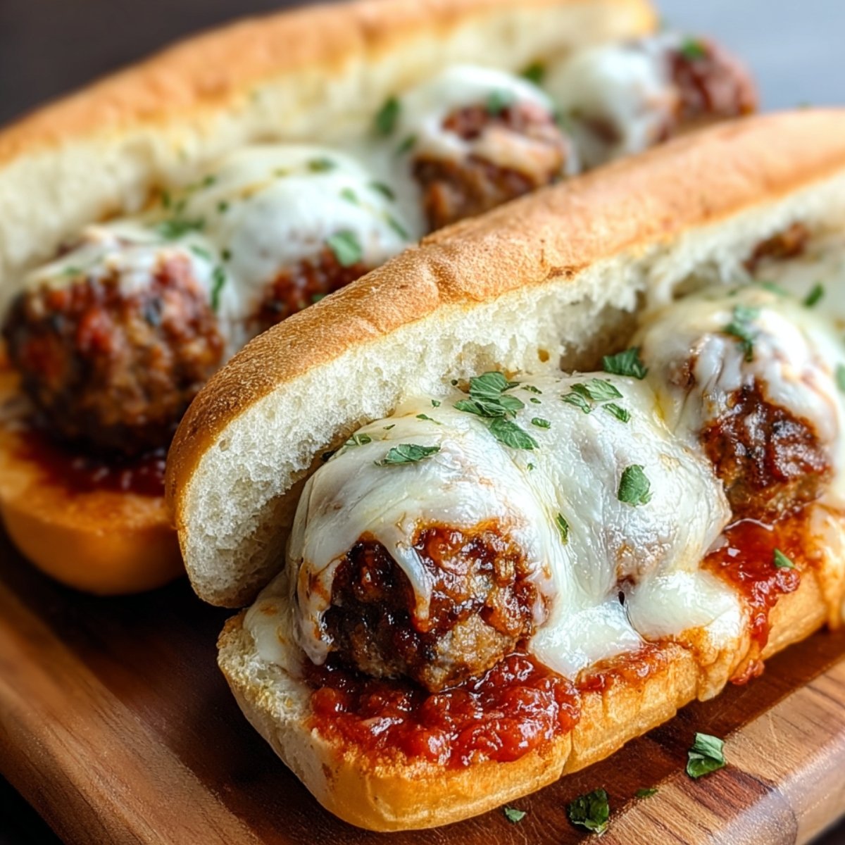 Homemade Cheesy Meatball Subs topped with melted mozzarella and fresh herbs on toasted hoagie rolls.