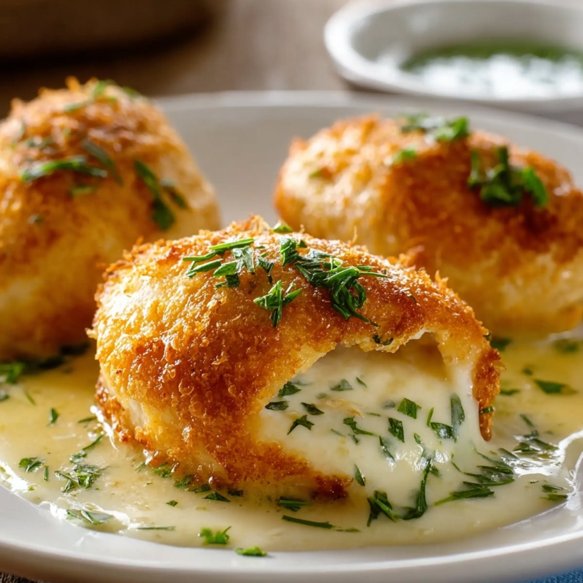 Homemade chicken pillows with a golden crispy breadcrumb crust, cut open to show creamy herb filling, served with warm sauce and fresh chopped parsley on top.