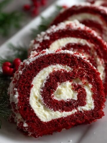 Homemade Christmas Red Velvet Cake Roll with creamy white frosting, sliced and served on a wooden board, dusted with powdered sugar and red cake crumbs, with festive holiday greenery in the background.