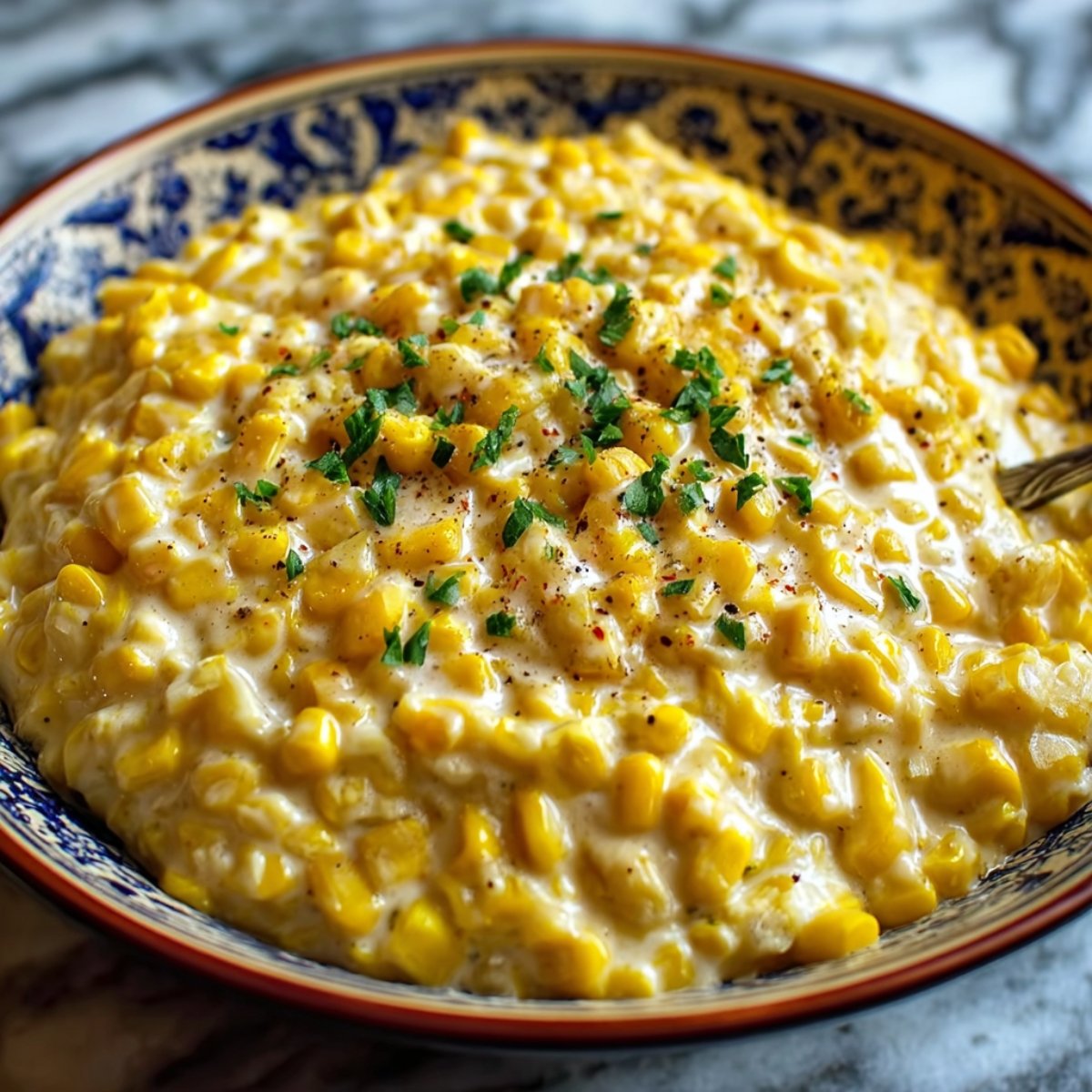 Homemade creamed corn served in a patterned bowl, topped with chopped parsley and black pepper.