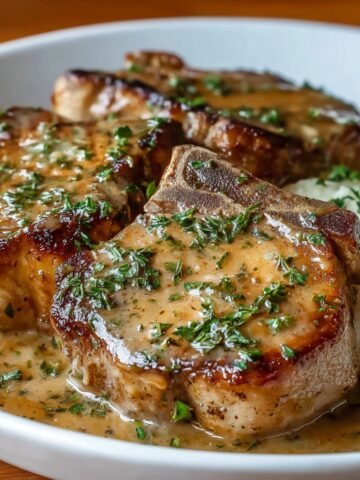 Homemade crock pot pork chops topped with creamy herb gravy and fresh thyme, served on a blue plate.