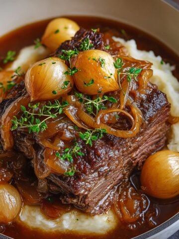 Homemade French onion pot roast served over mashed potatoes, topped with caramelized onions, pearl onions, and fresh thyme in rich brown gravy, looking tender, glossy, and comforting.