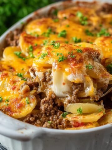 Homemade Hobo Casserole Ground Beef, sliced potatoes, melted cheddar cheese, and creamy sauce, baked to a golden brown and garnished with fresh parsley in a white baking dish.