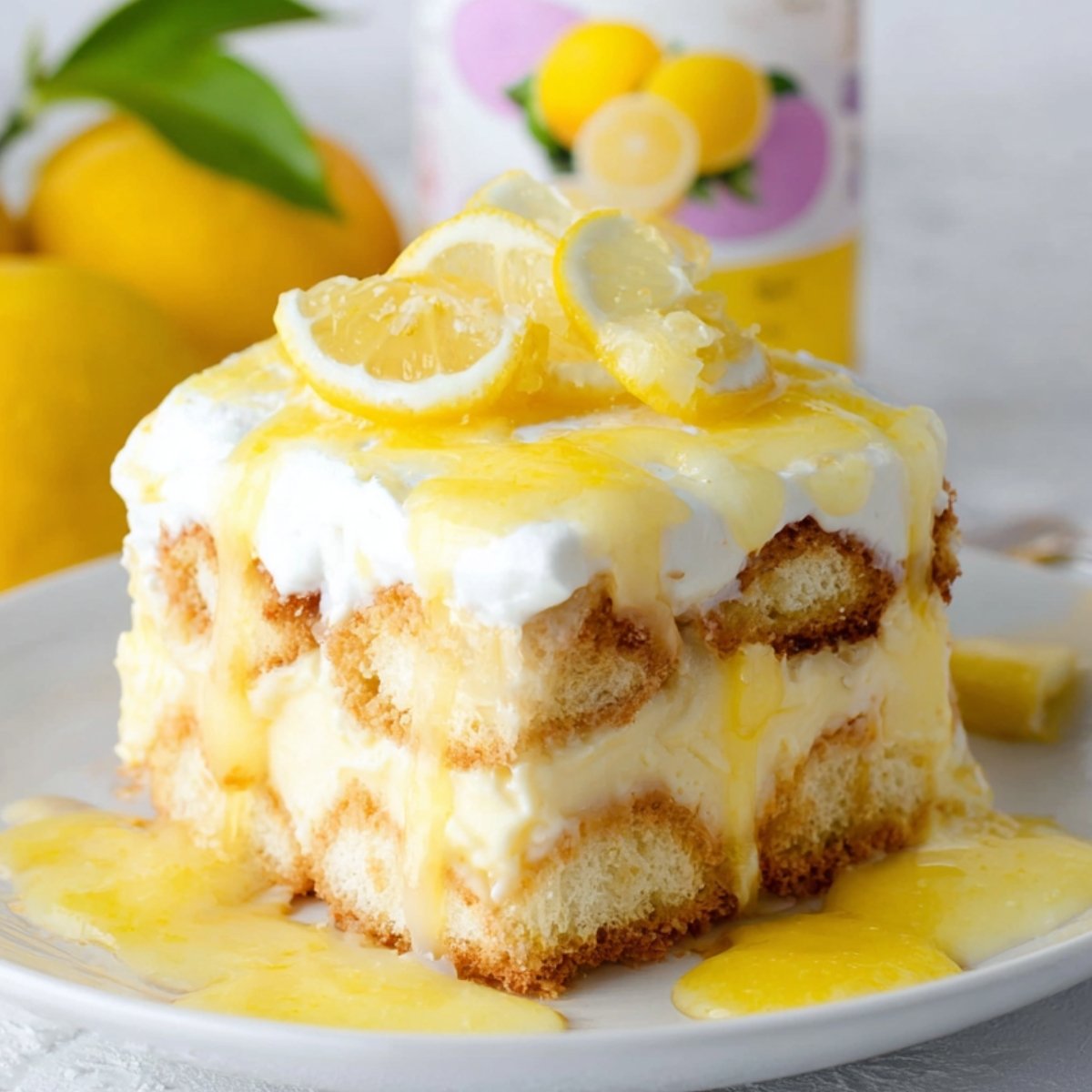 Homemade Lemon Tiramisu with layers of ladyfingers, lemon cream, whipped topping, and lemon curd dripping down the sides, topped with fresh lemon slices on a white plate.