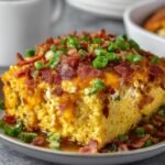 Homemade Loaded Cornbread Casserole topped with melted cheddar, crispy bacon, and green onions.