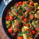 Homemade One Pan Mediterranean Chicken with crispy golden thighs simmered in tomatoes, olives, herbs, and pan juices in a rustic skillet.