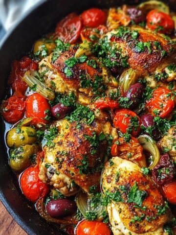 Homemade One Pan Mediterranean Chicken with crispy golden thighs simmered in tomatoes, olives, herbs, and pan juices in a rustic skillet.