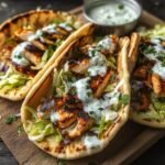 Homemade Sheet Pan Chicken Pitas filled with juicy roasted chicken, red onions, and green peppers, topped with creamy tzatziki sauce and fresh herbs, served on warm pita bread with lemon wedges on the side.