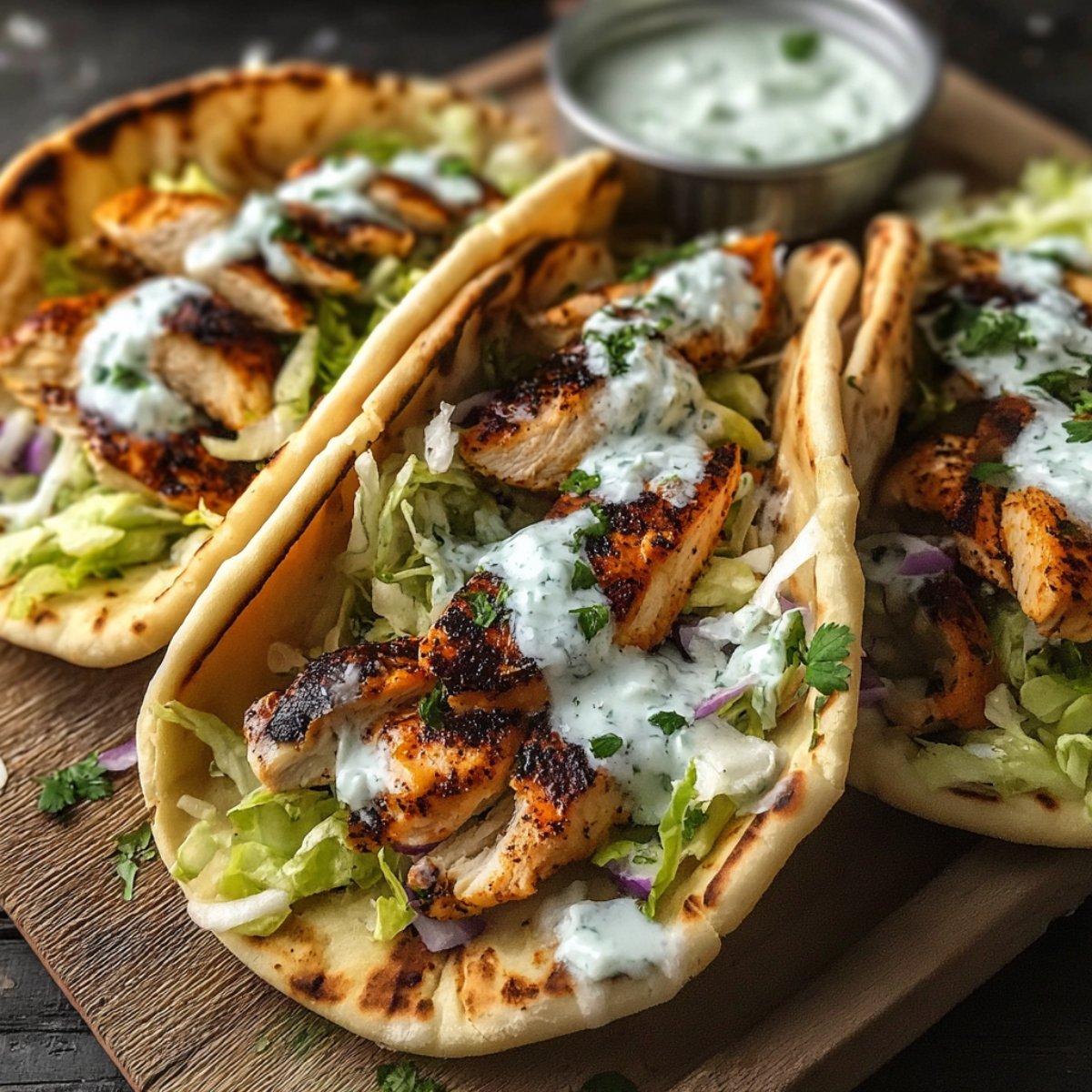 Homemade Sheet Pan Chicken Pitas filled with juicy roasted chicken, red onions, and green peppers, topped with creamy tzatziki sauce and fresh herbs, served on warm pita bread with lemon wedges on the side.