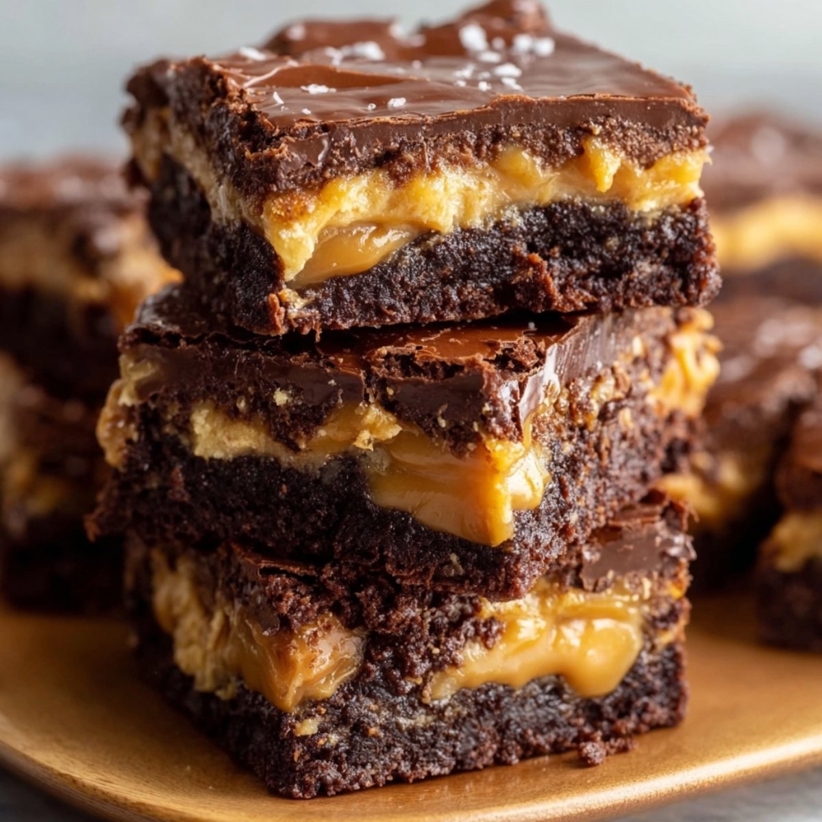 Homemade Outrageous Snickers Brownies with rich chocolate layers, gooey caramel centers, and a smooth chocolate topping sprinkled lightly with sea salt, served on a wooden plate for a warm, freshly baked, and realistic homemade look.