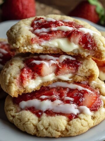 Homemade Strawberry Cheesecake Cookies topped with glossy strawberry filling and creamy drizzle, showing soft, gooey centers and fresh strawberry pieces.
