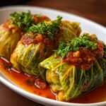 Homemade stuffed cabbage rolls topped with chunky tomato sauce and fresh parsley on a white serving plate.