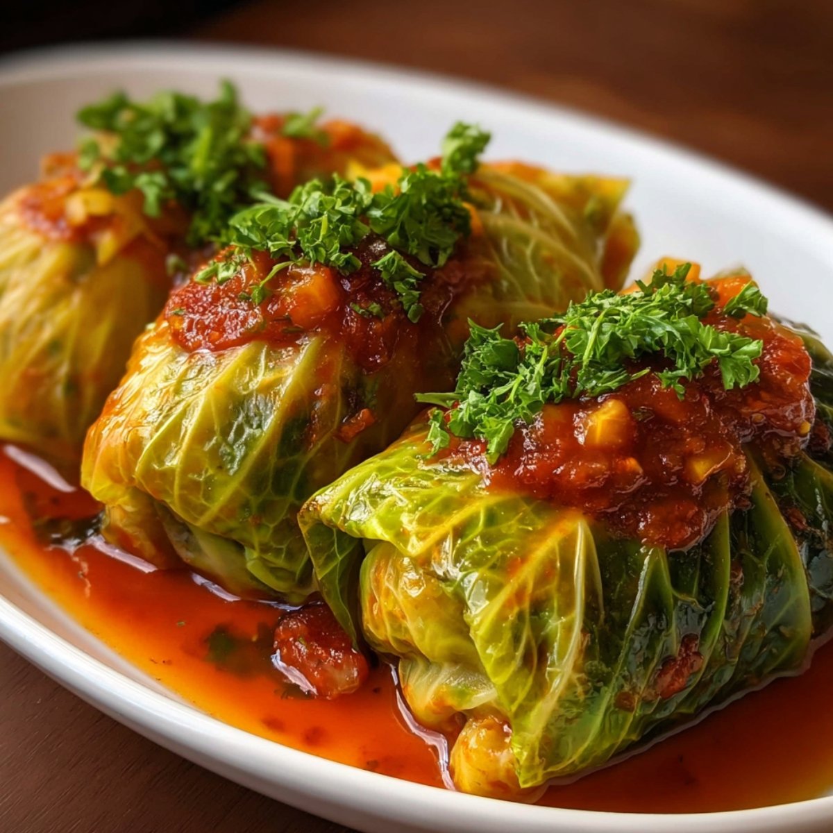 Homemade stuffed cabbage rolls topped with chunky tomato sauce and fresh parsley on a white serving plate.