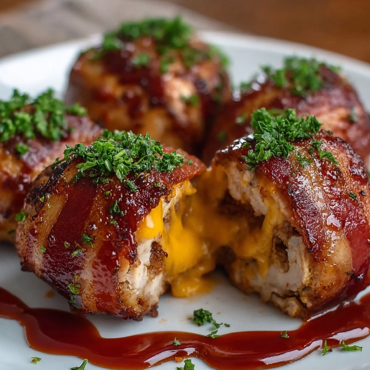 Homemade cheddar-stuffed bacon-wrapped meatballs topped with melted cheese and fresh herbs, served on a wooden plate with caramelized BBQ sauce.