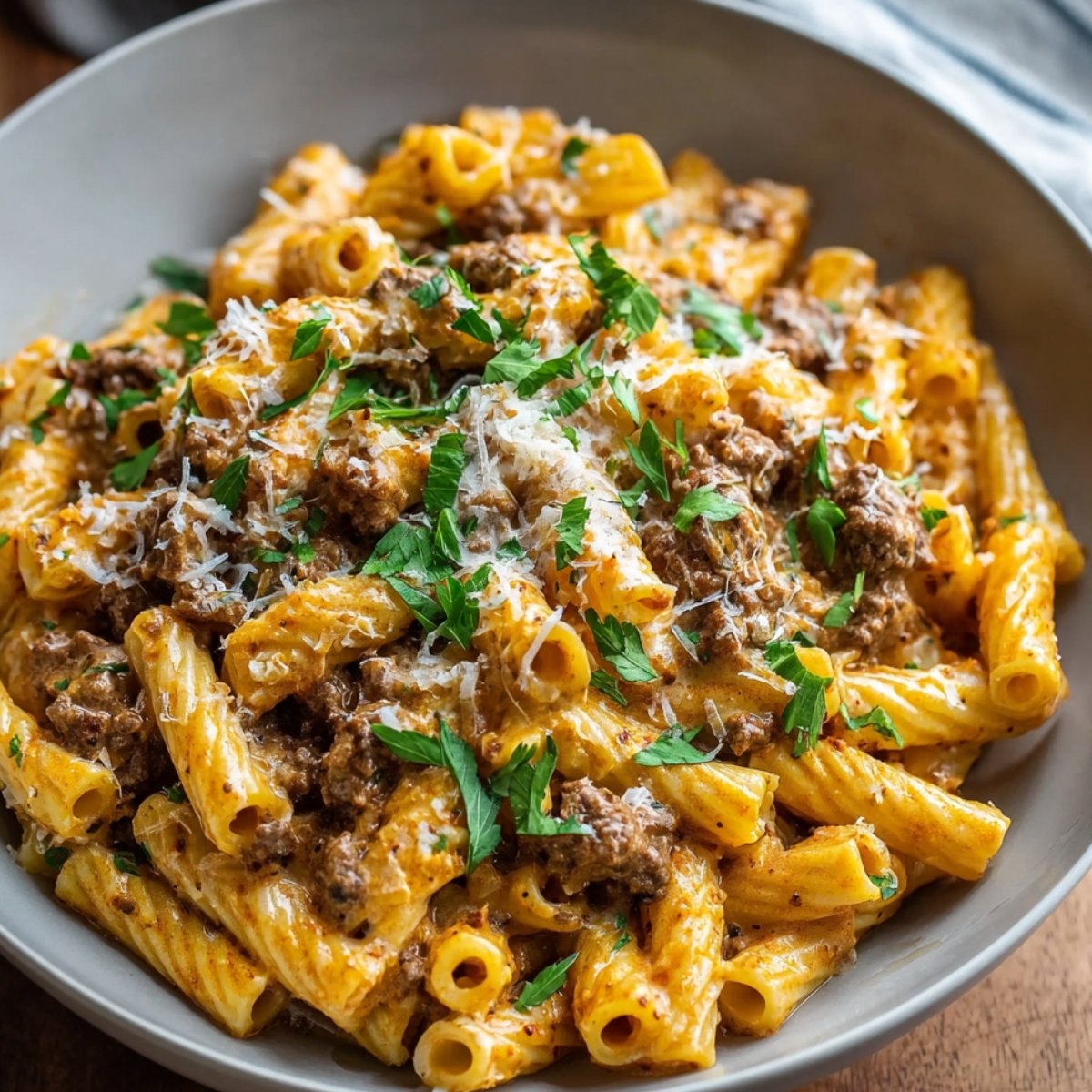 Bowl of creamy beef pasta made with rigatoni, ground beef, and a rich cheese sauce, topped with fresh parsley.