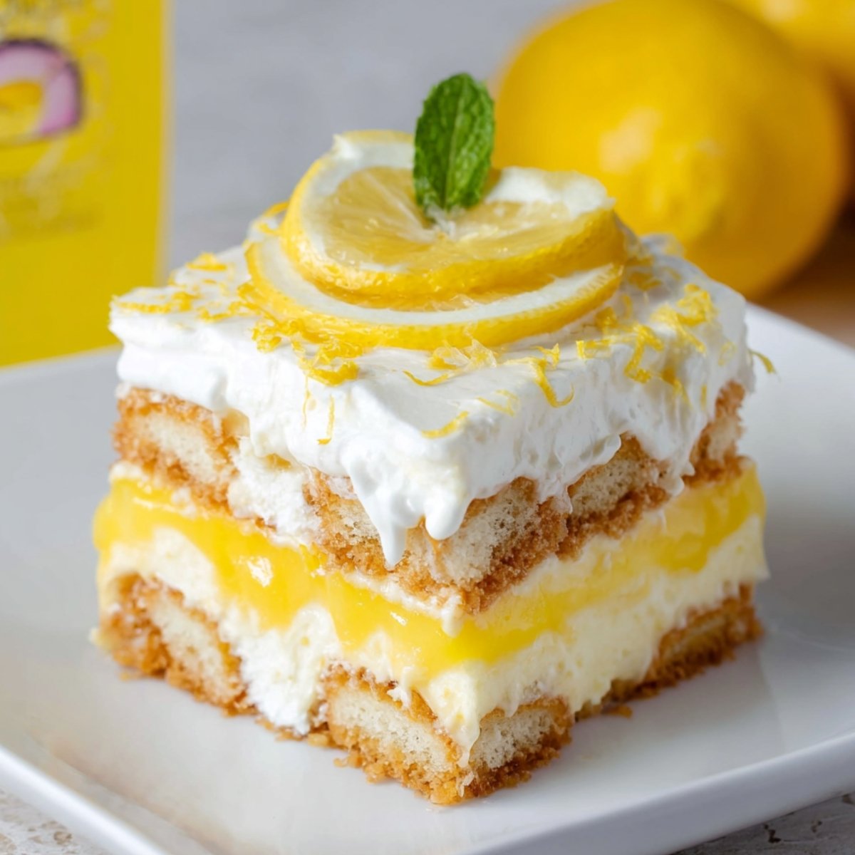 A homemade slice of lemon tiramisu topped with lemon slices and dripping lemon curd, layered with ladyfingers, cream, and bright yellow filling on a white plate.