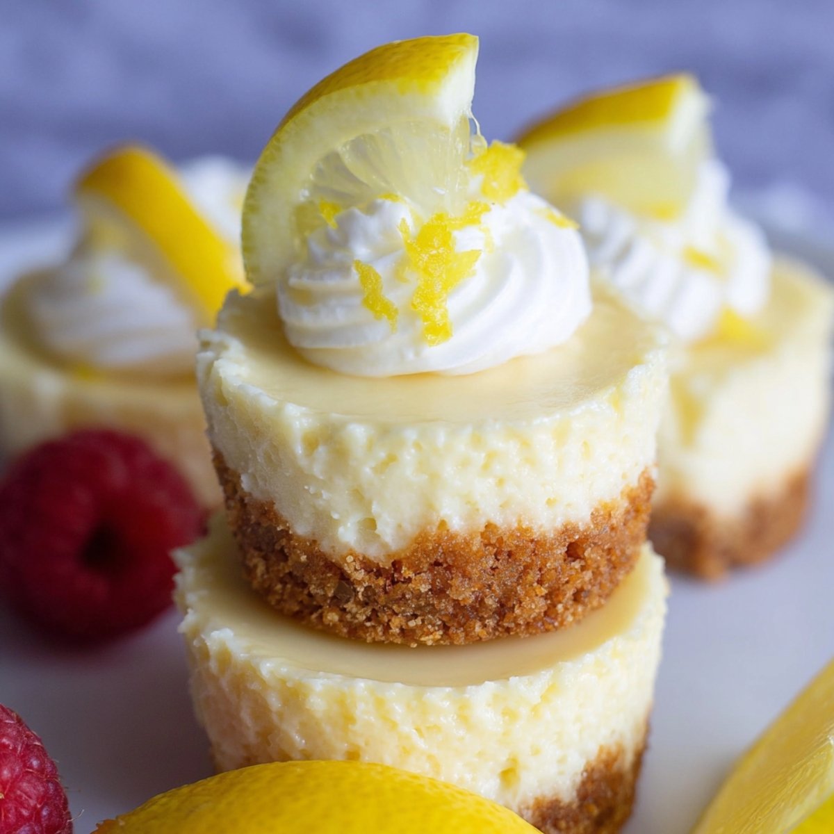 Homemade mini lemon cheesecakes with a golden graham cracker crust, topped with whipped cream, lemon zest, and a lemon slice, stacked and surrounded by fresh lemons and raspberries.