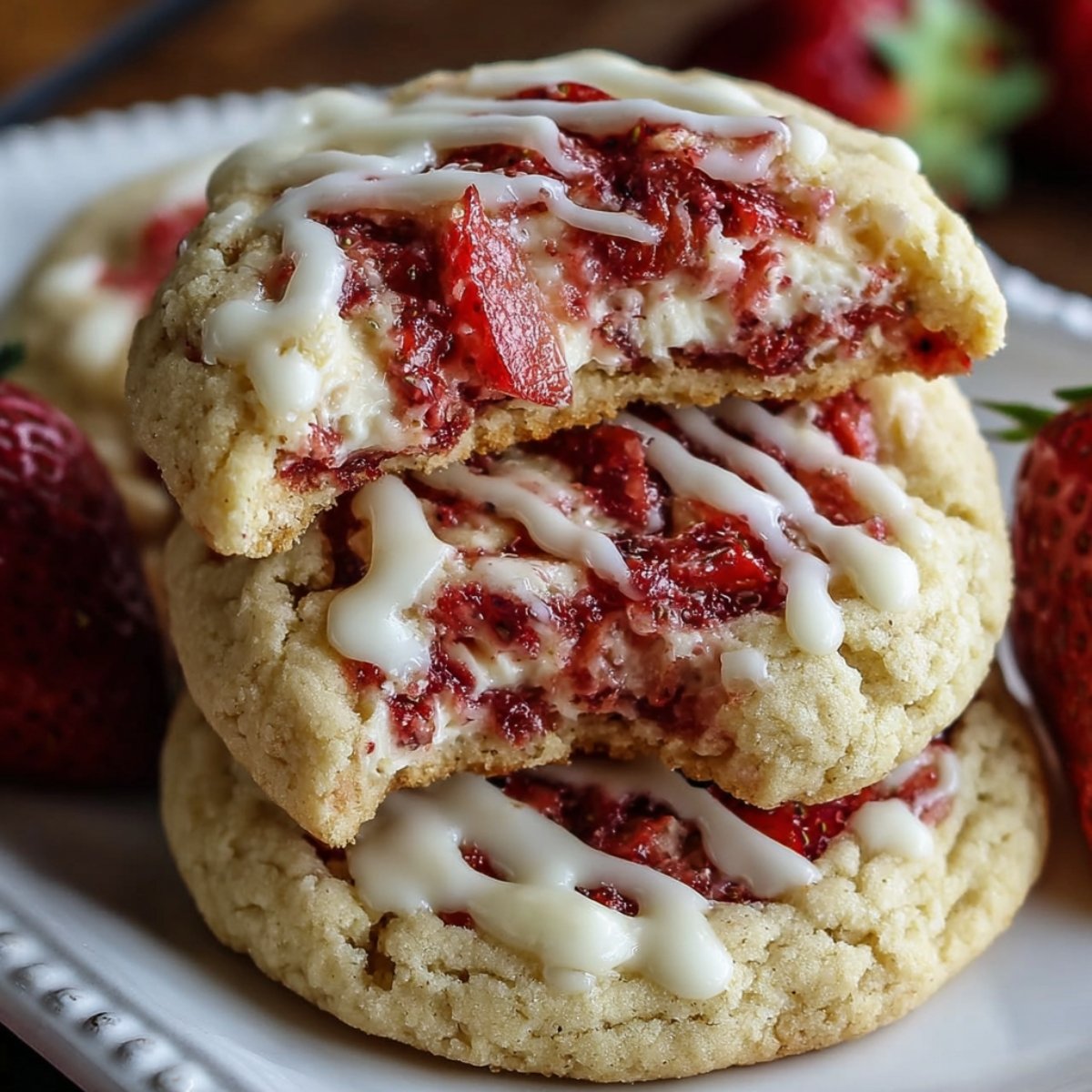Stack of homemade strawberry cheesecake cookies with fresh strawberry pieces and creamy white drizzle, showing a soft, gooey center in the broken cookie.