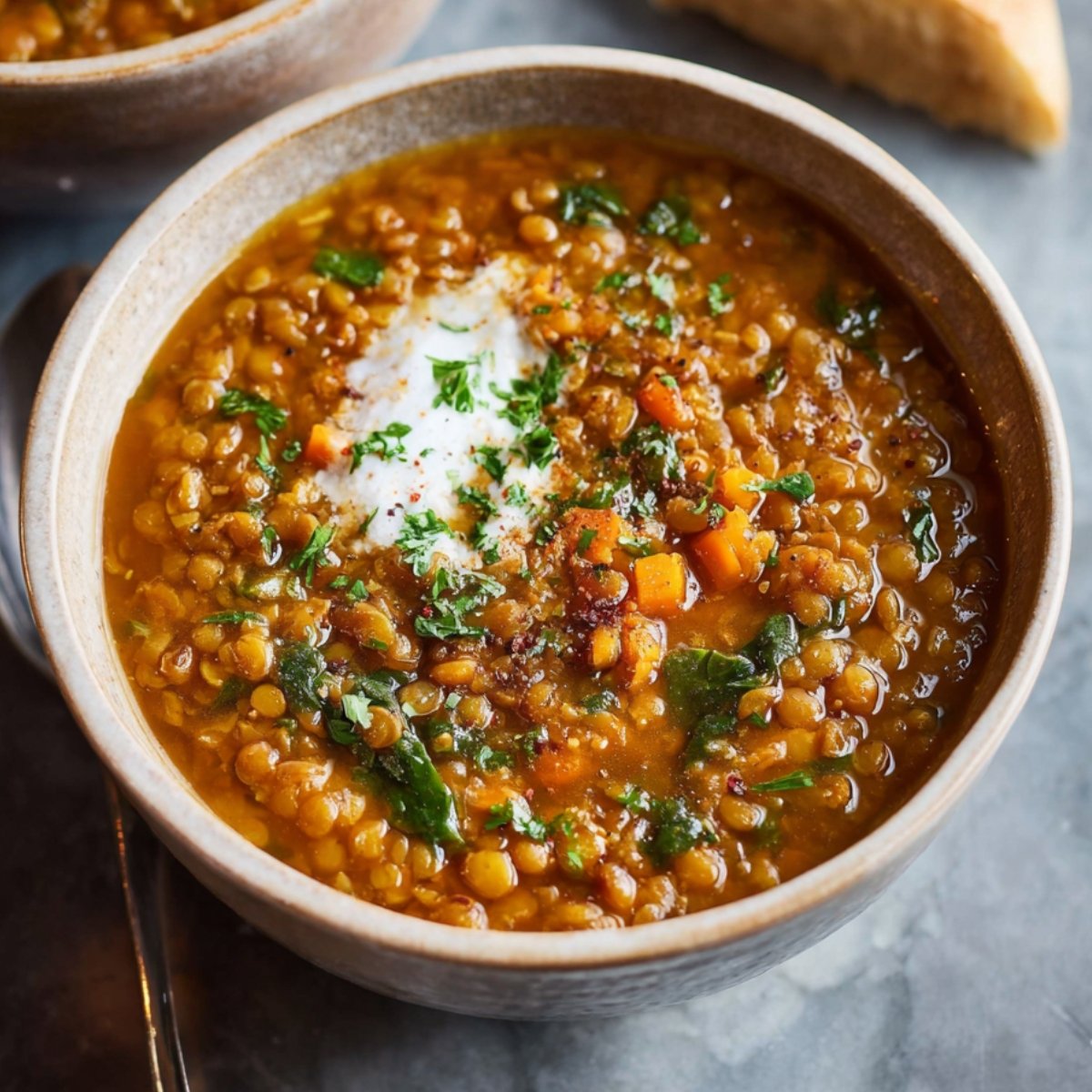 A warm bowl of homemade lentil soup topped with fresh herbs and a swirl of cream, served with bread on the side.