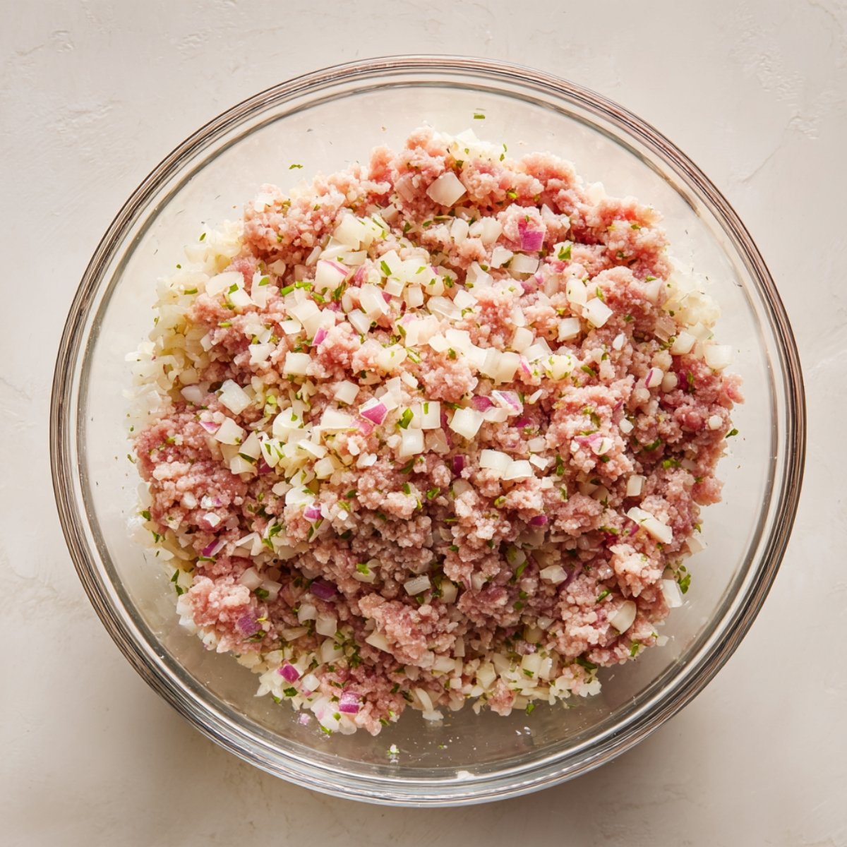 Glass bowl filled with a homemade mixture of ground meat, chopped onions, rice, and herbs on a light kitchen surface.