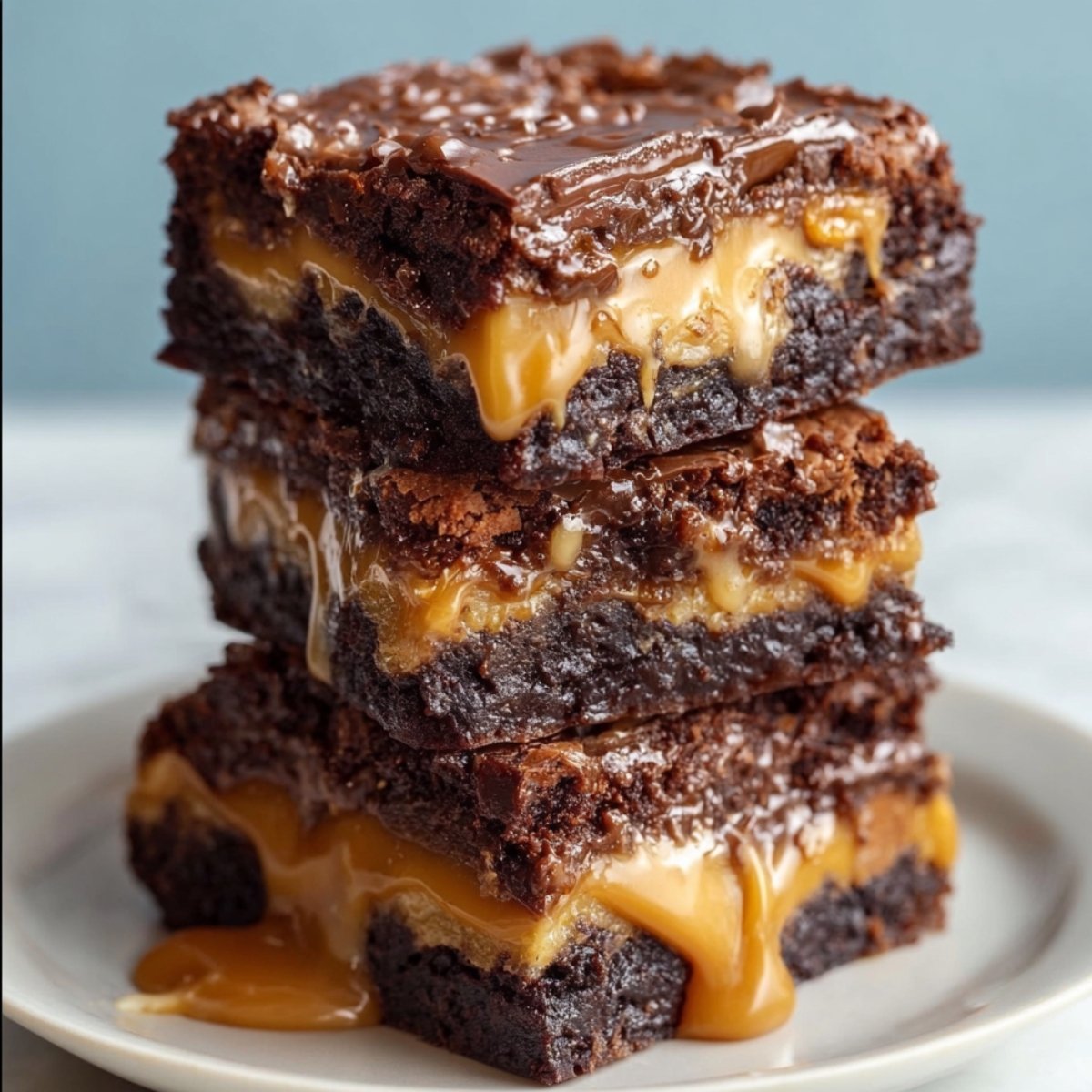 Outrageous Snickers Brownies with gooey caramel and chocolate layers dripping between rich, fudgy brownie squares, served on a white plate with a realistic, indulgent, and freshly baked appearance.
