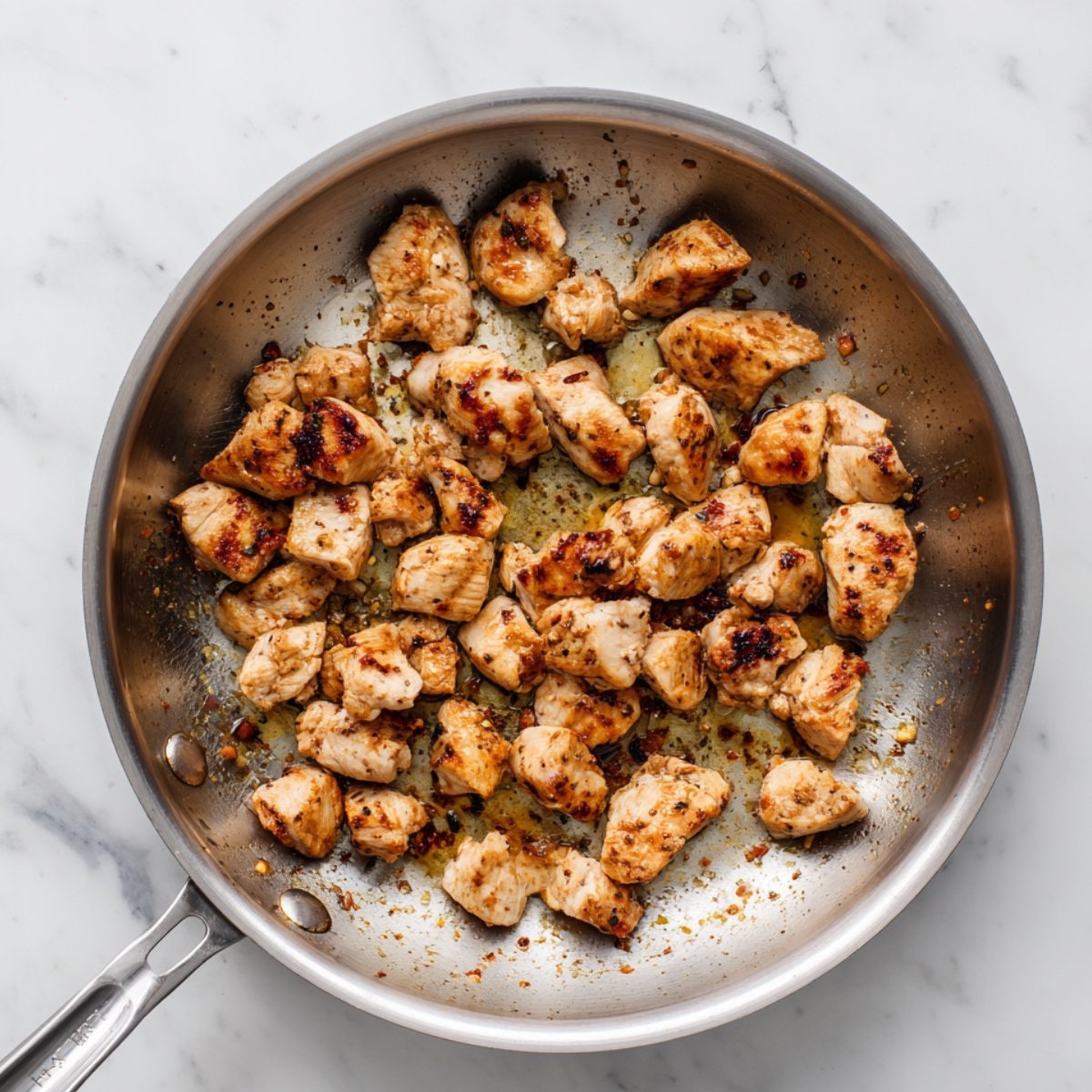 Golden pan-seared chicken bites cooking in a stainless-steel skillet on a marble countertop.