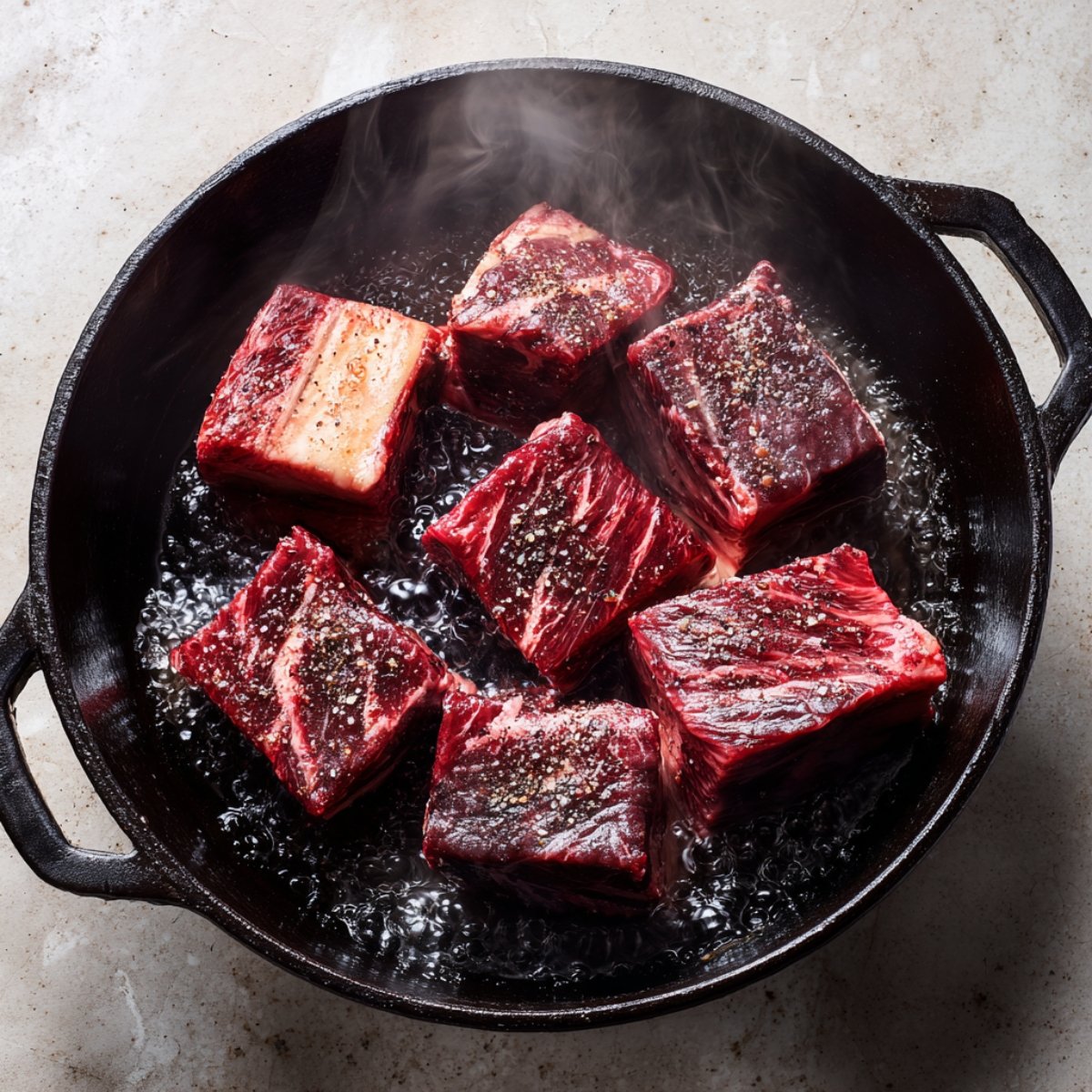 Raw beef short ribs sizzling in a cast-iron pan, seasoned with salt and pepper as they begin to sear.