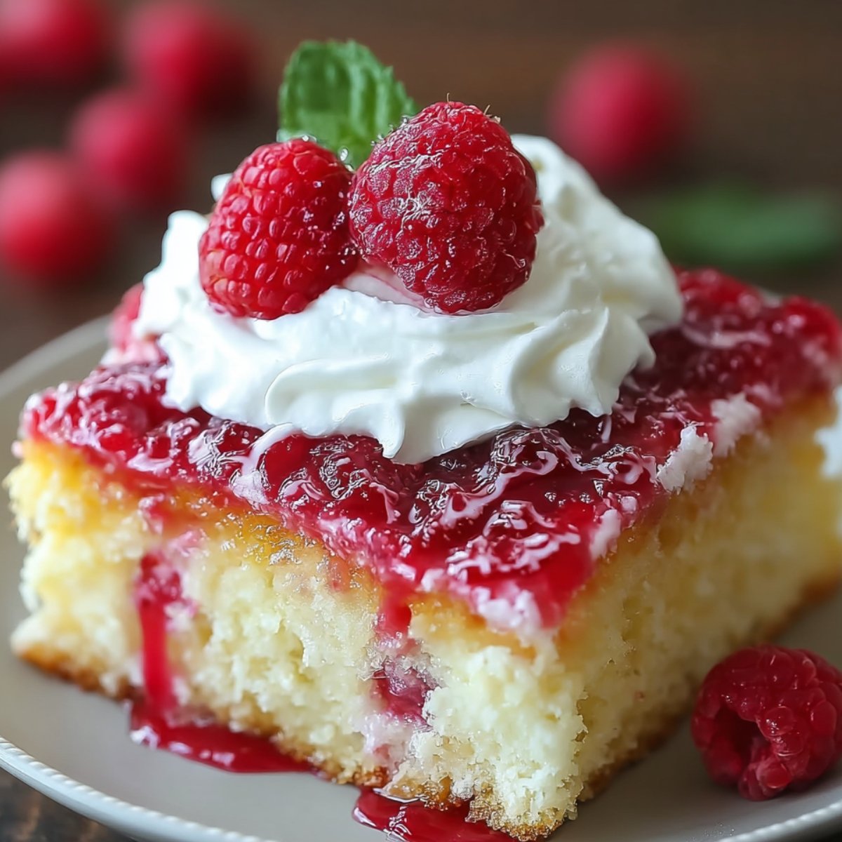 A homemade slice of raspberry zinger poke cake topped with whipped cream, fresh raspberries, and glossy raspberry sauce.