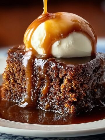A homemade slice of sticky toffee pudding topped with vanilla ice cream and covered in warm toffee sauce, served on a rustic plate.