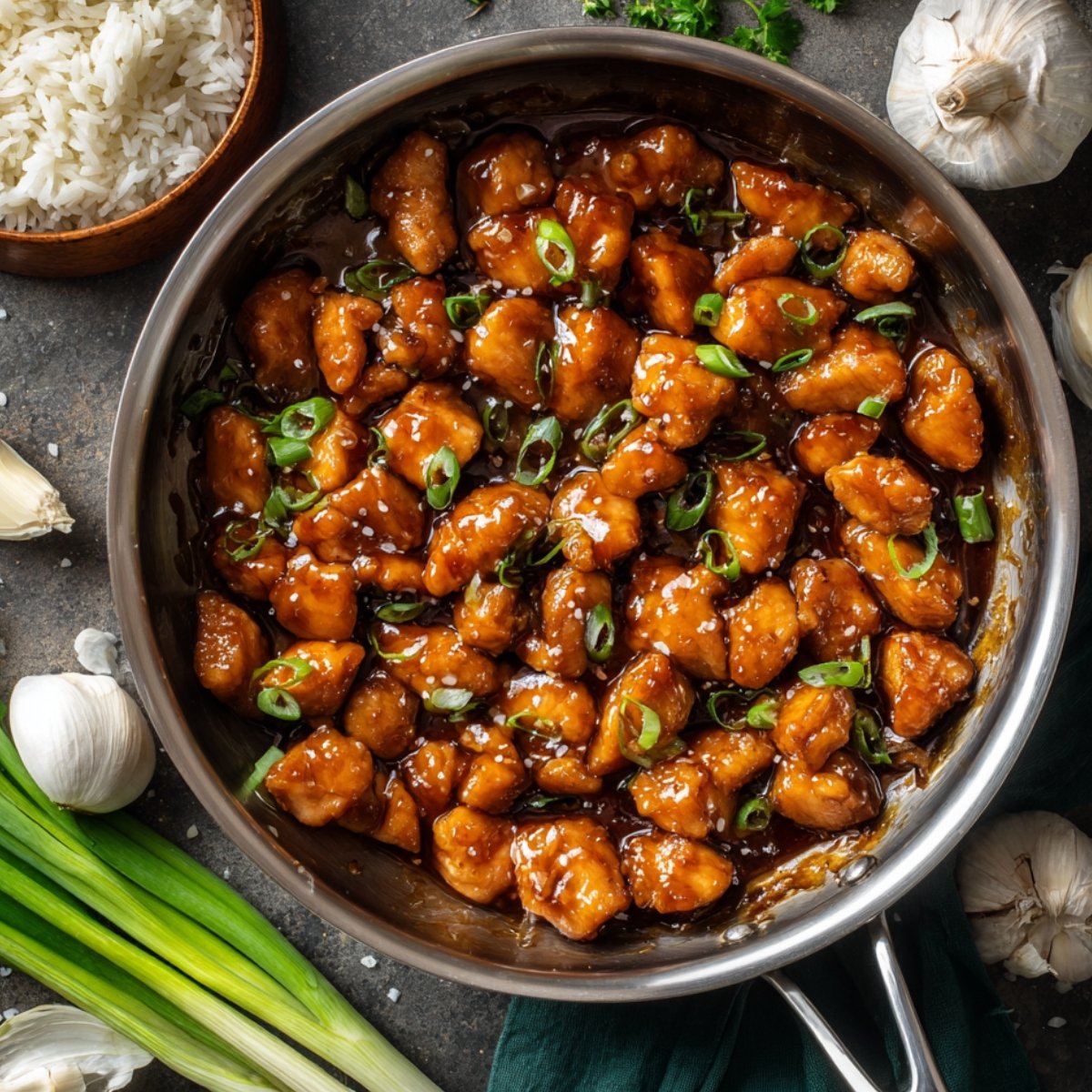 Skillet filled with glossy homemade honey garlic chicken bites topped with sliced green onions, surrounded by fresh garlic cloves, green onions, and a bowl of rice.