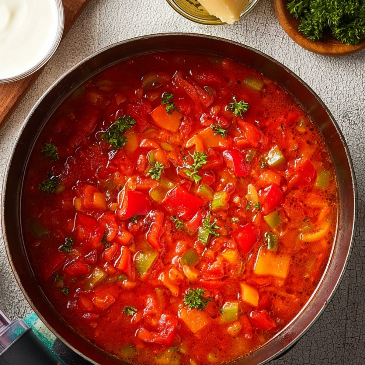 Drain and rinse the jarred roasted red peppers thoroughly to remove the brine. Add the drained peppers, sundried tomatoes, and vegetable stock to the pot. Bring everything to a simmer over medium to medium-high heat. Let the soup cook for 18 minutes, until the carrots and celery are fully tender.