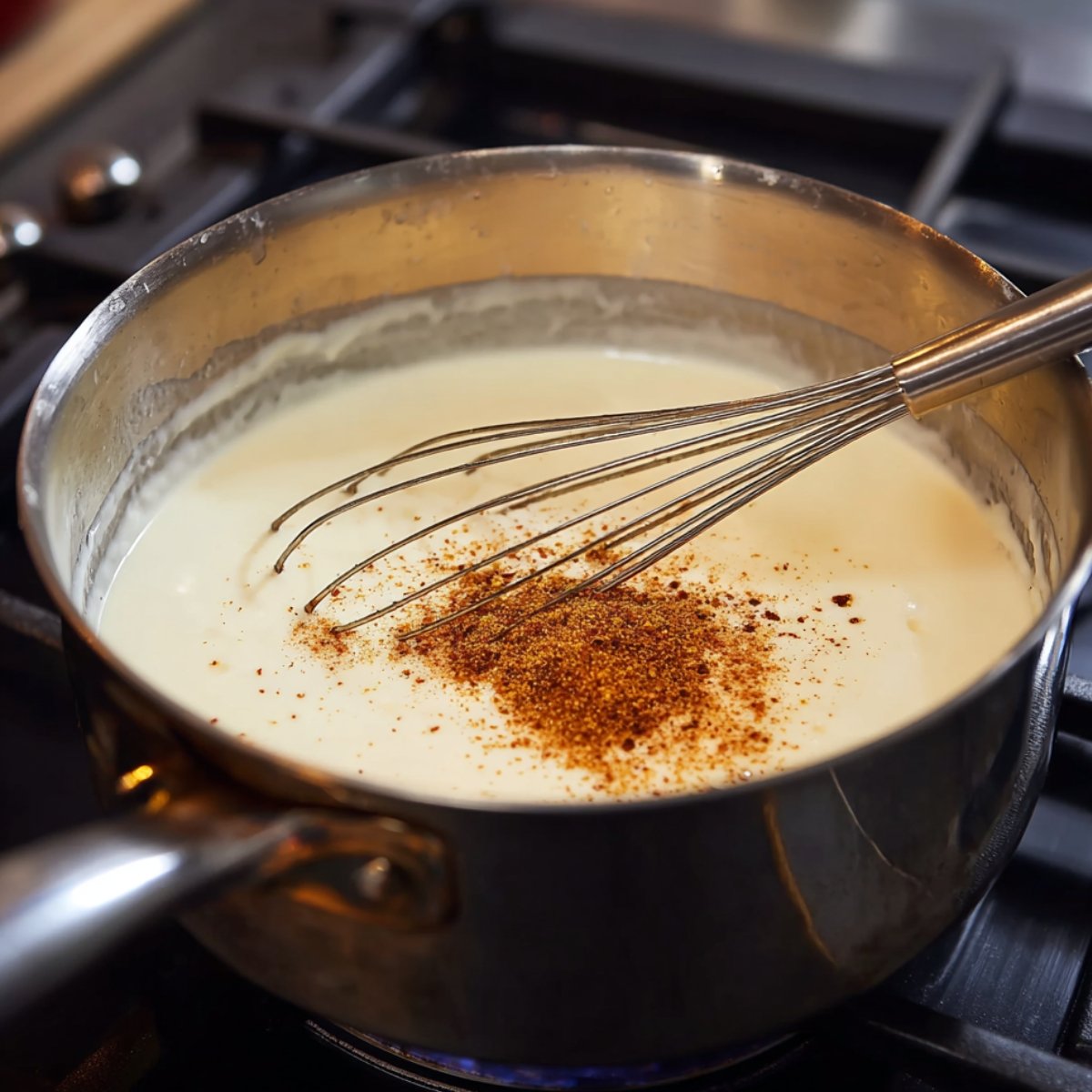 Here's where it gets good. Slowly pour in your warmed milk and cream, about half a cup at a time, whisking constantly. The sauce will thicken as you go. Once all the dairy's in, stir in the mustard powder, that Sweet & Smoky Rub, and a good pinch of salt. Keep whisking until it's thick enough to coat the back of a spoon. Don't let it bubble too hard or it might break.