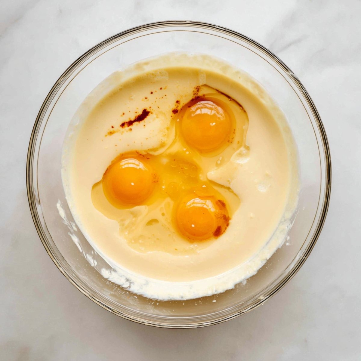 Pour in the eggs, vanilla extract, and heavy cream. Mix again until everything is silky and well combined, scraping down the sides of the bowl as needed.