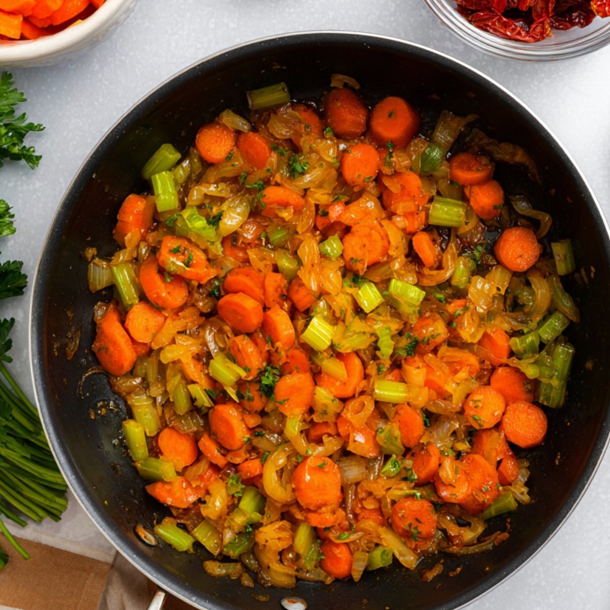 Stir in the chopped carrots, celery, minced garlic, paprika, and Italian seasoning. Sauté everything together for another 3 to 4 minutes, stirring often, until the vegetables start to soften and the garlic smells fragrant.