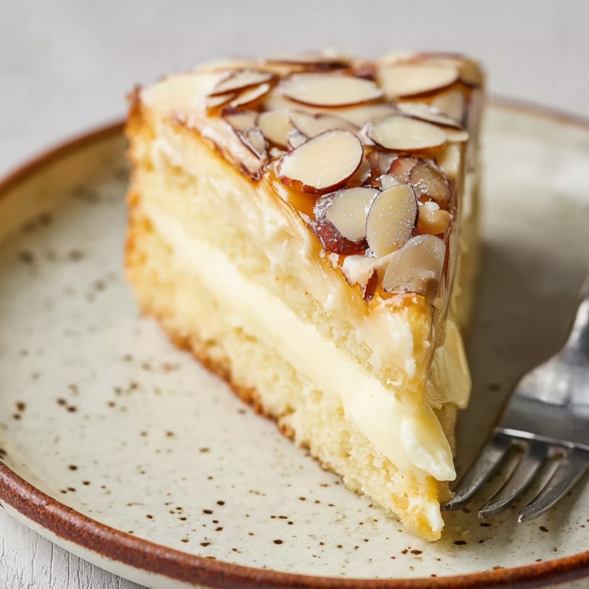 Slice of bee sting cake with creamy vanilla filling and honey-glazed almond topping on a plate.