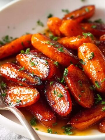 Brown Sugar Glazed Carrots on a white plate, caramelized and glossy, sprinkled with fresh herbs and served with a fork.