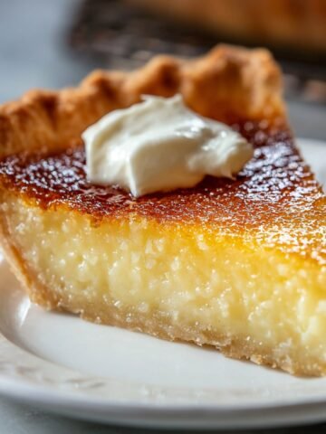 Slice of homemade buttermilk pie with a golden, flaky crust, creamy filling, and topped with a dollop of whipped cream, served on a white plate.