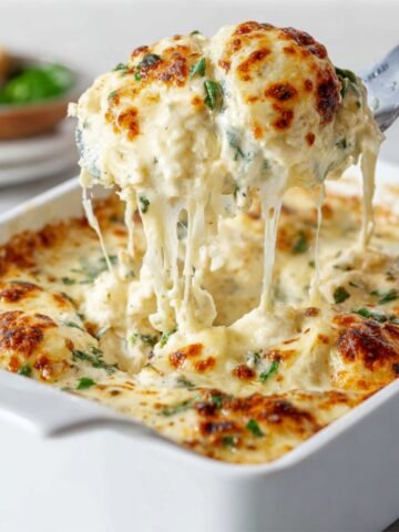 Homemade chicken alfredo lasagna with a creamy, cheesy slice being lifted from the baking dish.