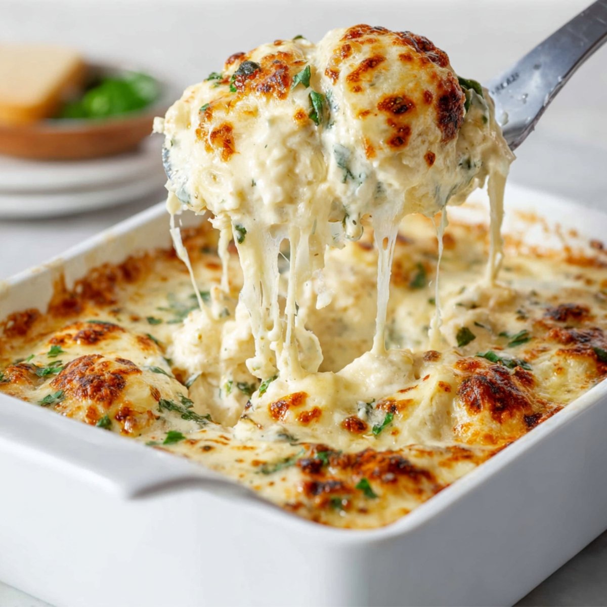 Homemade chicken alfredo lasagna with a creamy, cheesy slice being lifted from the baking dish.