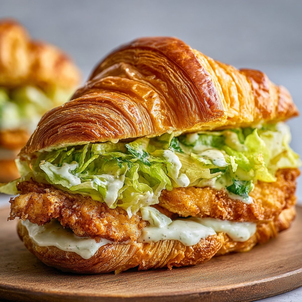 Chicken Croissant Sandwich, lettuce, and creamy sauce in a flaky croissant.