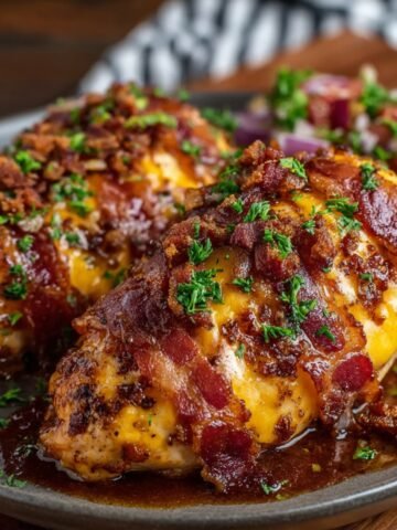 Cowboy BBQ Bacon Cheddar Chicken topped with crispy bacon, melted cheddar, and fresh parsley on a wooden serving board.