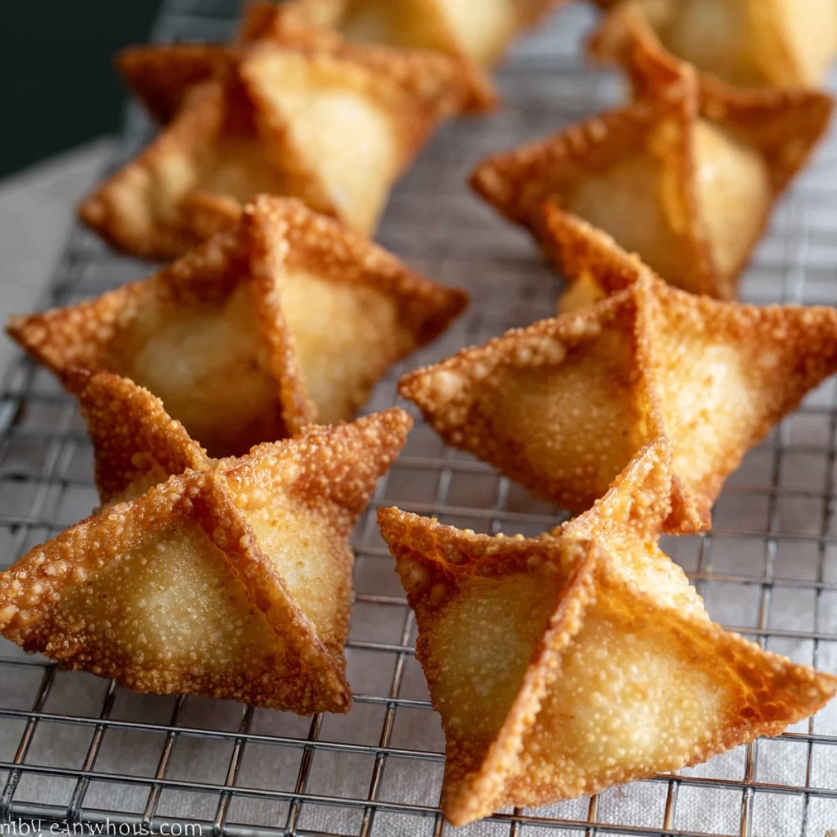 Use a slotted spoon to lift the fried rangoons out of the oil, letting any excess oil drip off. Place them on a wire rack or a plate lined with paper towels to drain. Let them cool for a minute or two before serving with sweet Thai chili sauce or plum sauce on the side.
