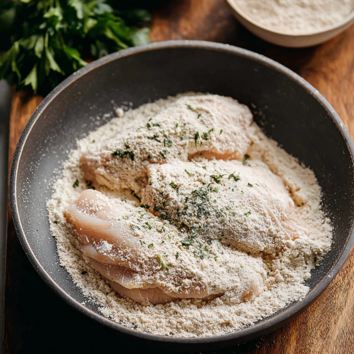 Take each chicken cutlet and dredge it in the flour mixture, flipping it so both sides are lightly coated. Shake off any excess flour and repeat with all the chicken pieces.