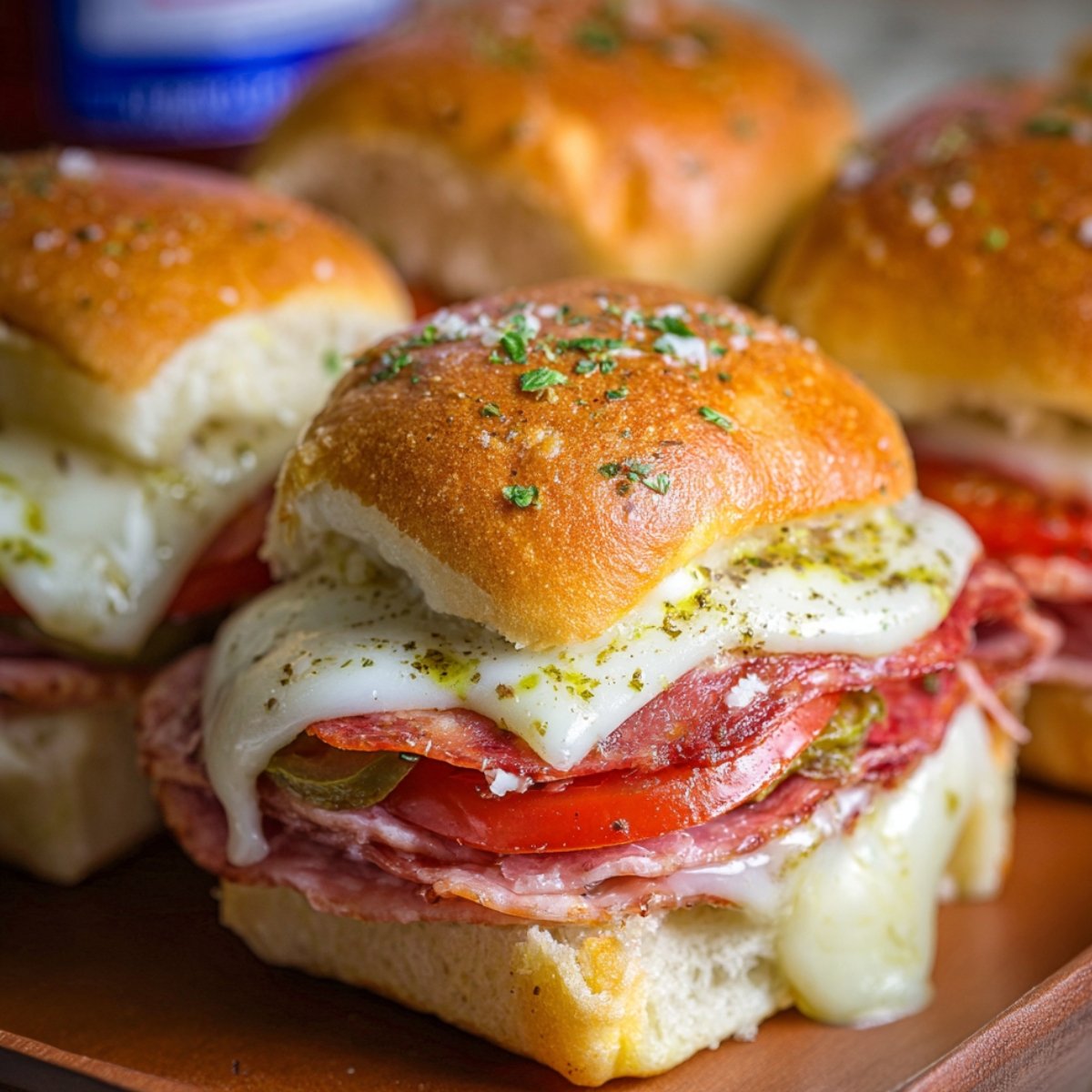 Close-up of homemade hot Italian sub sliders with melted cheese, layered deli meats, tomato slices, and herbs on golden toasted rolls.