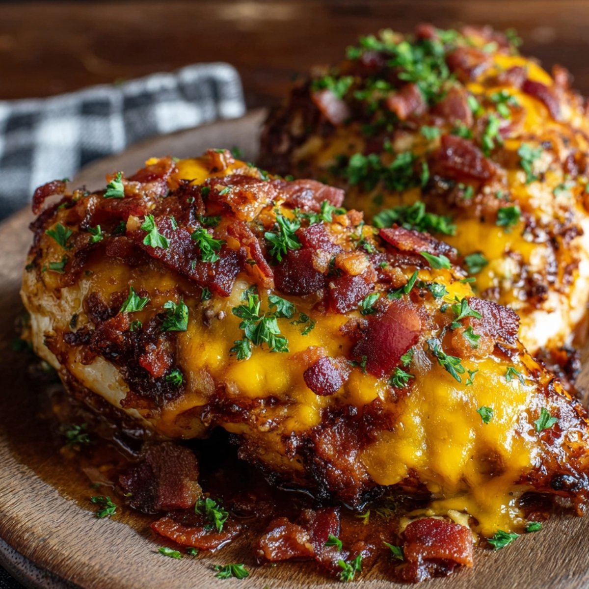 Homemade Cowboy BBQ Bacon Cheddar Chicken topped with melted cheddar, crispy bacon pieces, and fresh parsley on a plate.