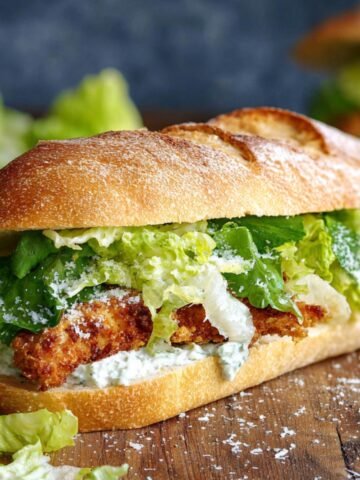 A Homemade Crispy Chicken Caesar Sandwich with fresh lettuce, creamy dressing, and parmesan cheese on a toasted baguette, served on a wooden surface.