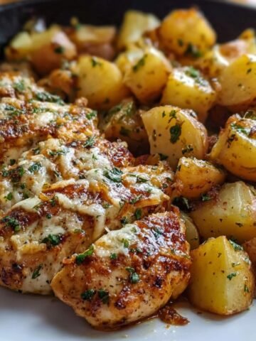 Homemade Garlic Parmesan Chicken and Potatoes, roasted golden potatoes, and crispy bacon, all garnished with fresh parsley.