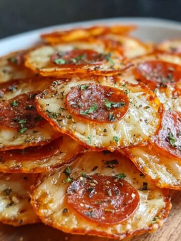 Homemade Pepperoni and Cheese Crisps, baked until bubbly and golden, sprinkled with herbs and cracked pepper.