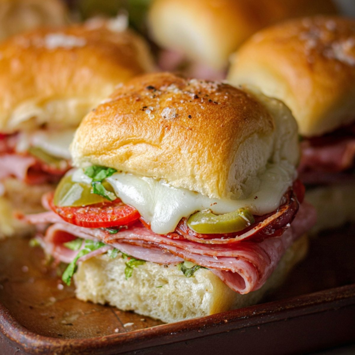 Hot Italian Sub Sliders with melted cheese, sliced meats, peppers, and fresh herbs on toasted golden rolls.