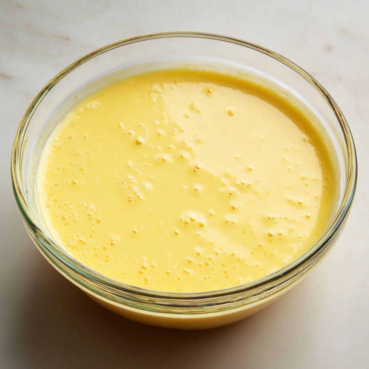 Homemade lemon bar filling in a glass bowl, with a smooth yellow mixture and small bubbles on the surface.